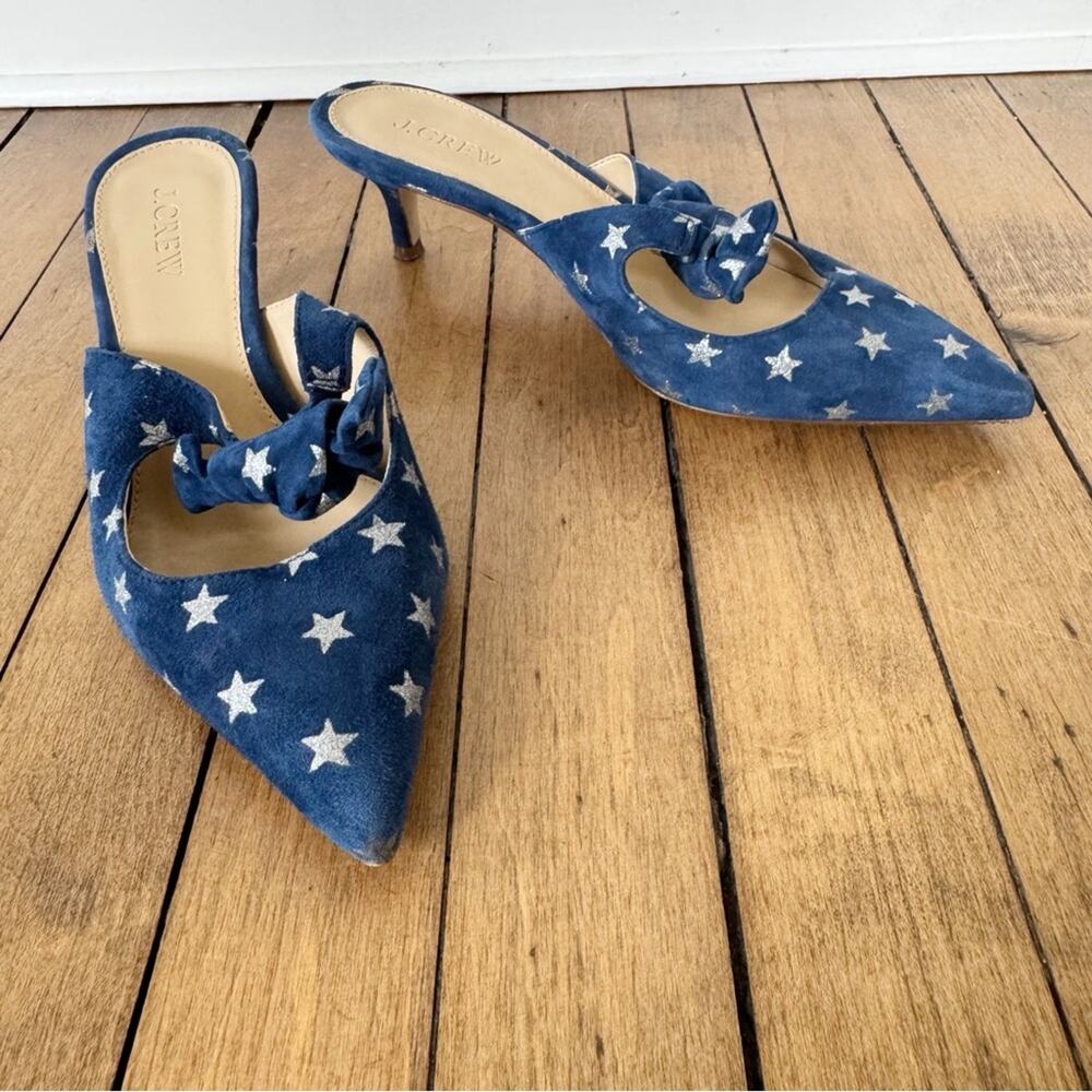 J. Crew Sophia Blue and Silver Starry Suede Kitten Heels Mules 7 americana - Picture 2 of 11
